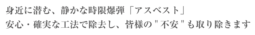 身近に潜む、静かな時限爆弾アスベスト安心・確実な工法で除去し、皆様の不安も取り除きます